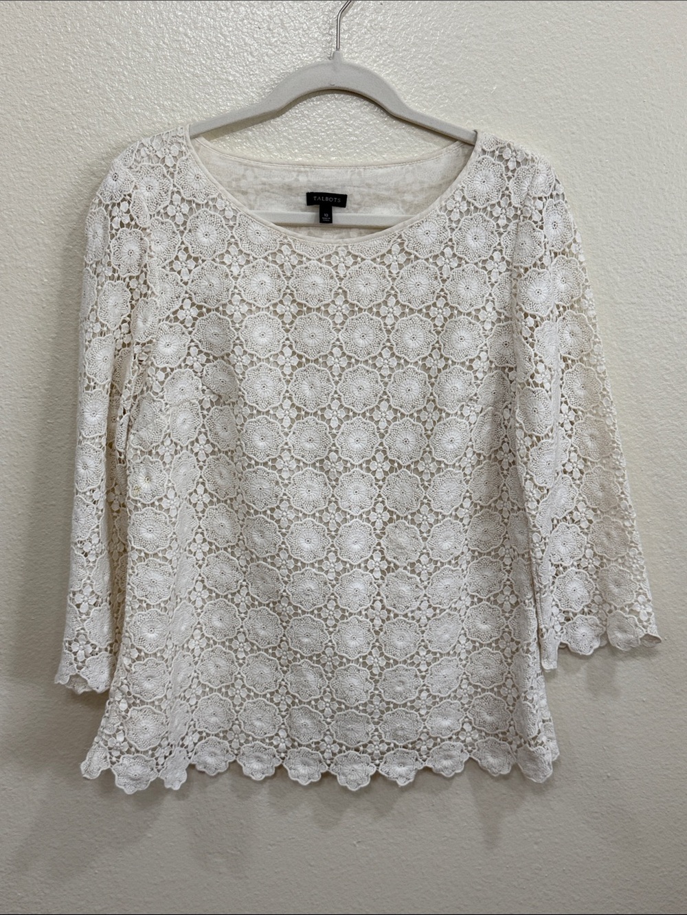 Talbots Cream Crochet Lace 3/4 Sleeve Tunic Size 10